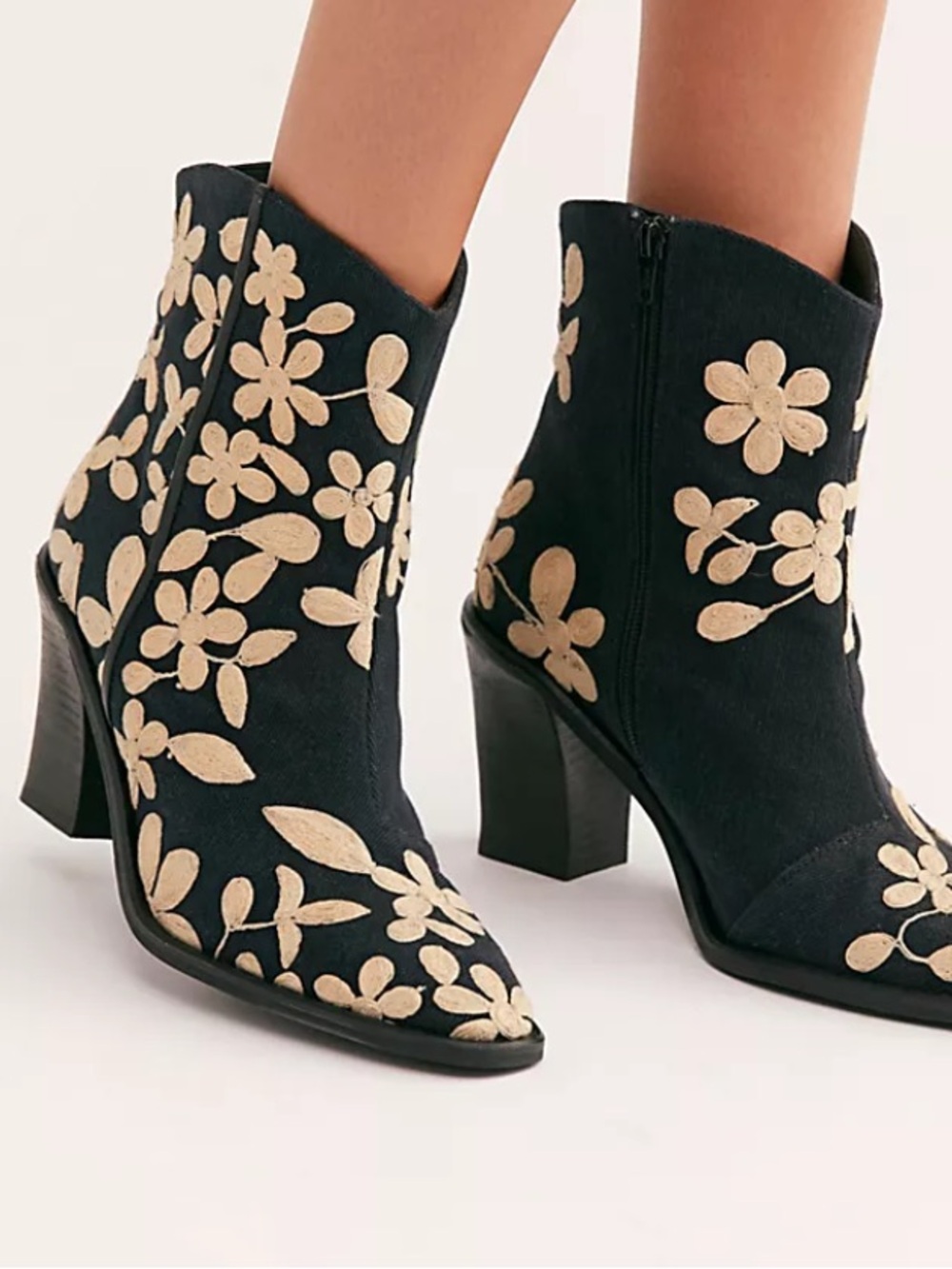 Free People Embroidered Barclay Ankle Boots black cream block heel sz 38 cowgirl